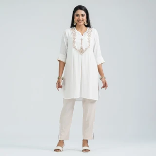 Women Off White Cotton Two Piece Set thumbnail 1