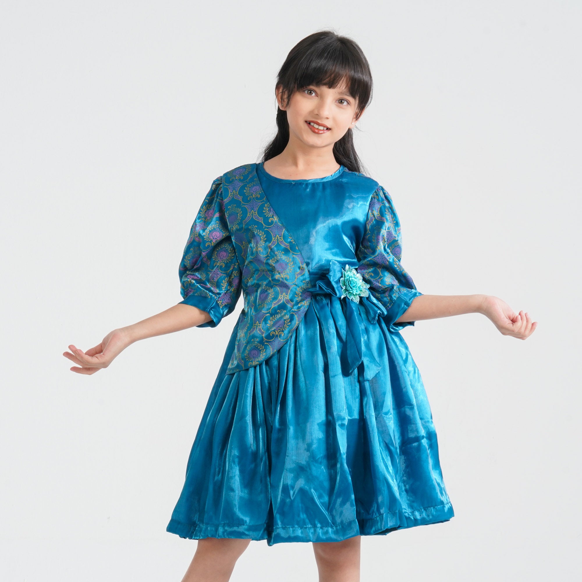 Girl's Teal Flared Midi Frock thumbnail 5