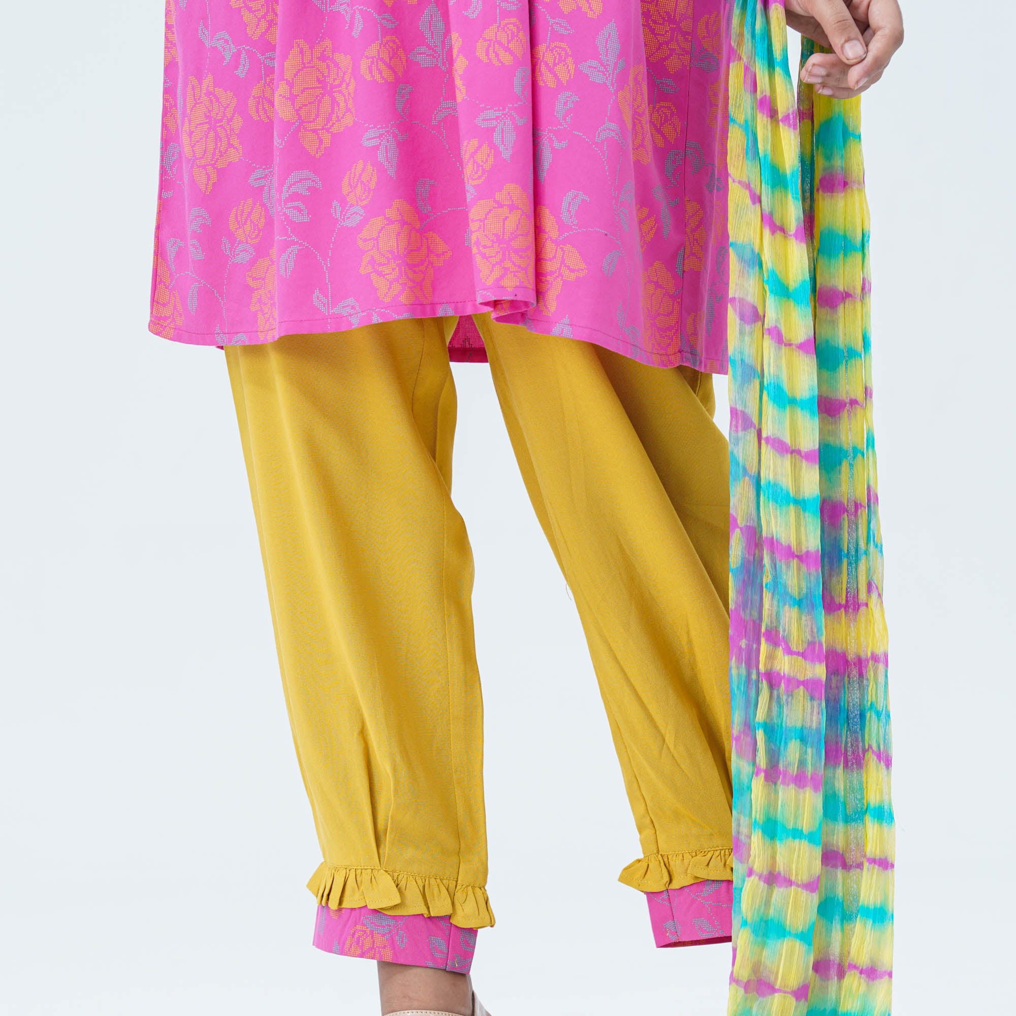 Girls' Pink & Yellow Embroidered Two Piece Set thumbnail 4