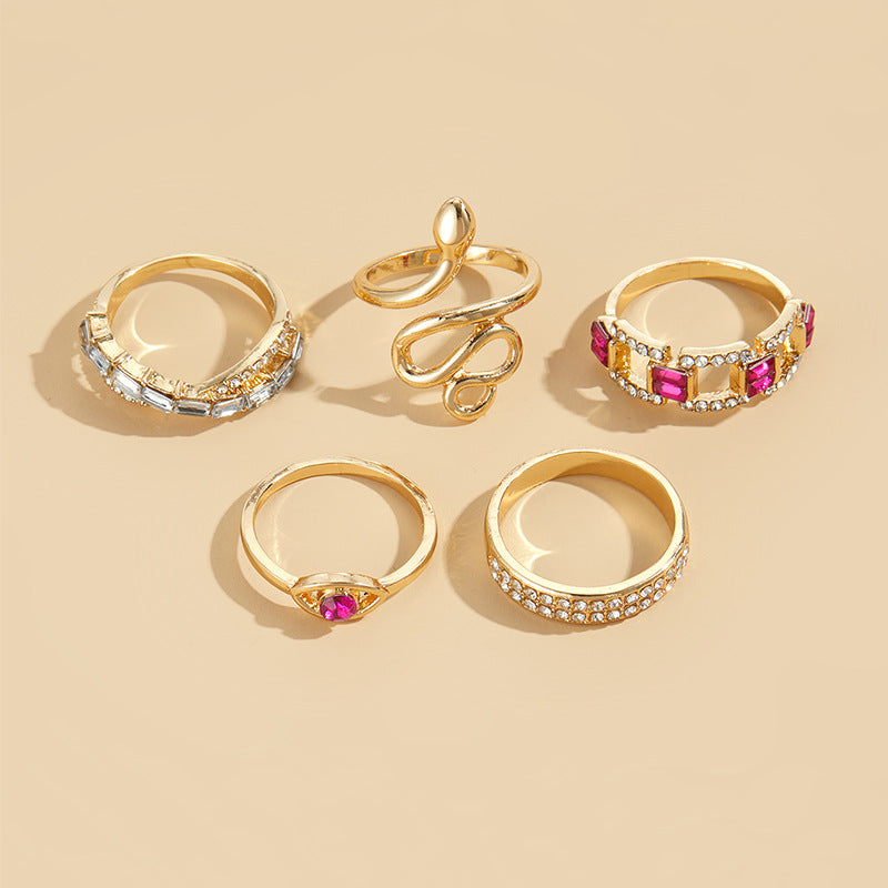 Elegant Retro Snake and Floral Rhinestone Stackable Ring Set thumbnail 2