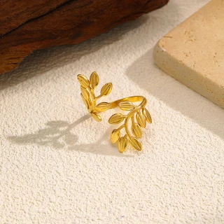 Elegant Stainless Steel Leaf Adjustable Ring Gold Plated Jewelry - thumbnail 1