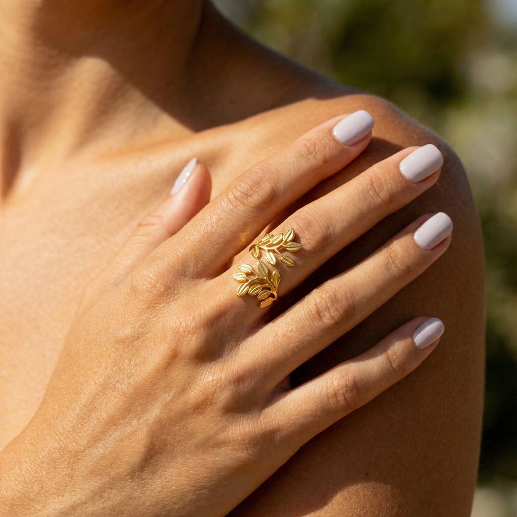 Elegant Stainless Steel Leaf Adjustable Ring Gold Plated Jewelry - thumbnail 2